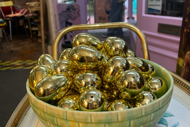 Bowl of golden eggs at Snoopers Paradise waiting to be hidden.